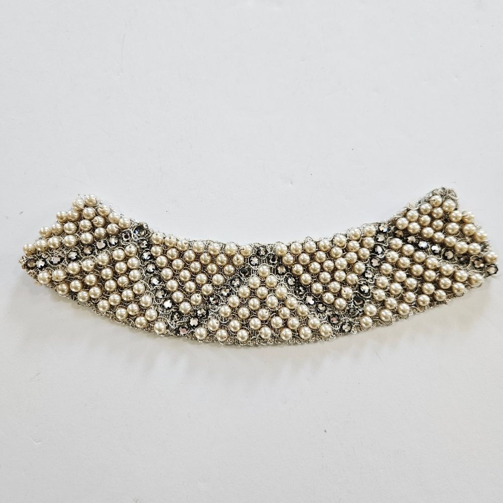 Vintage '20s Faux Cream Pearl Clear Rhinestone Embroidered Collar Cuff Fragment
